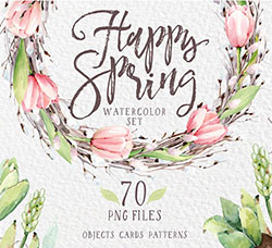 70张高清背景透明的北欧风春季水彩花卉PNG图片：HAPPY SPRING watercolor set